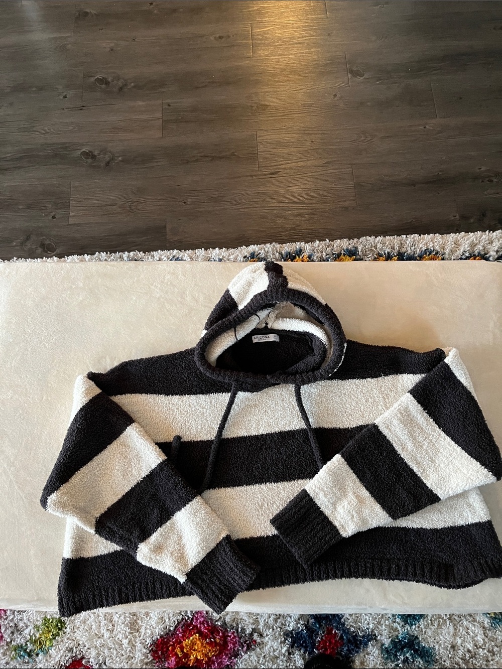 Arizona Jean Company Black and White Striped Hooded Pullover Sweater